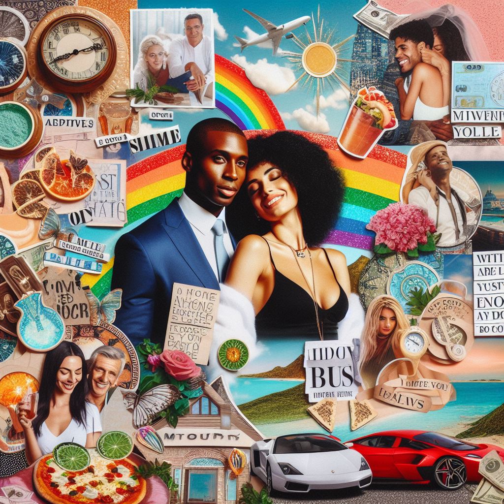 L'image représente un tableau de visualisation avec des gens qui s'aiment, des voitures de luxe, de l'argent, des voyages, etc. 