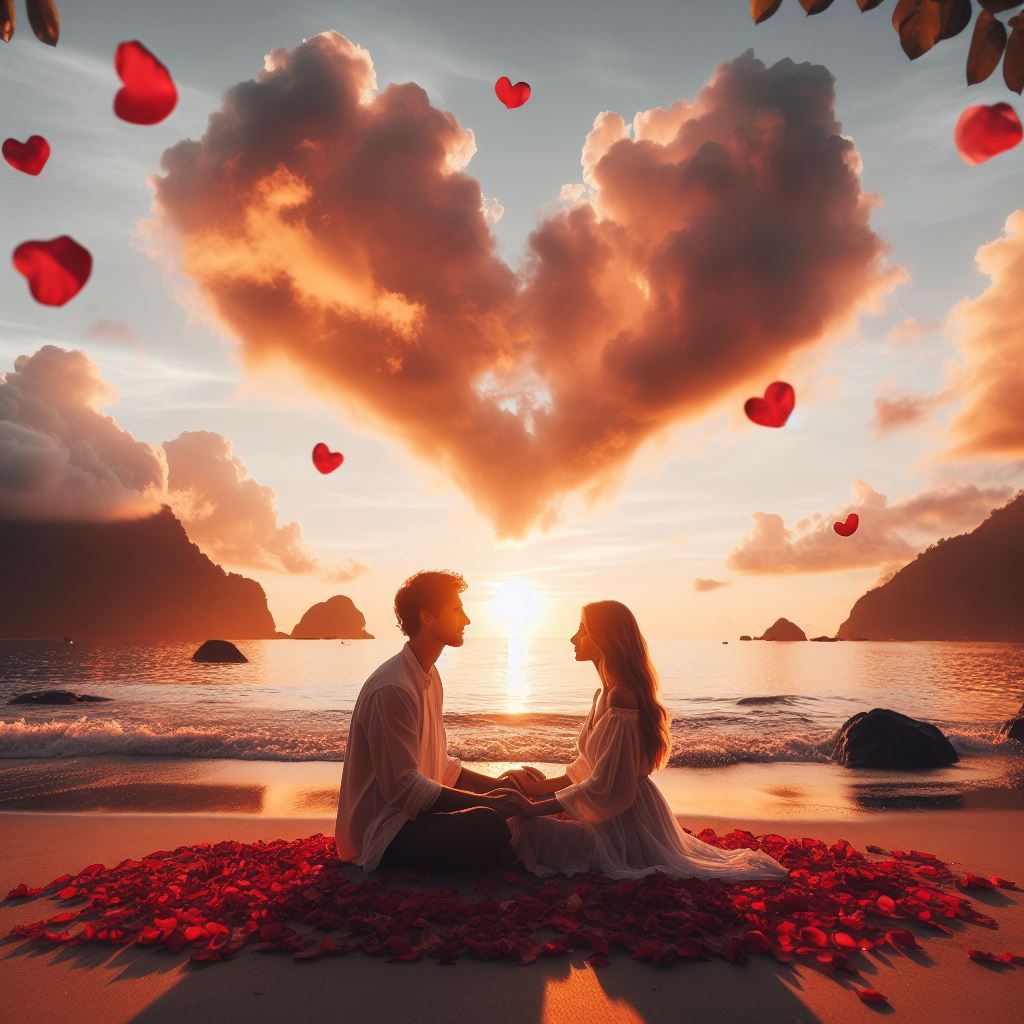 Un couple se fait face, assis sur un tapis de roses. Main dans la main, yeux dans les yeux, ils méditent en silence.