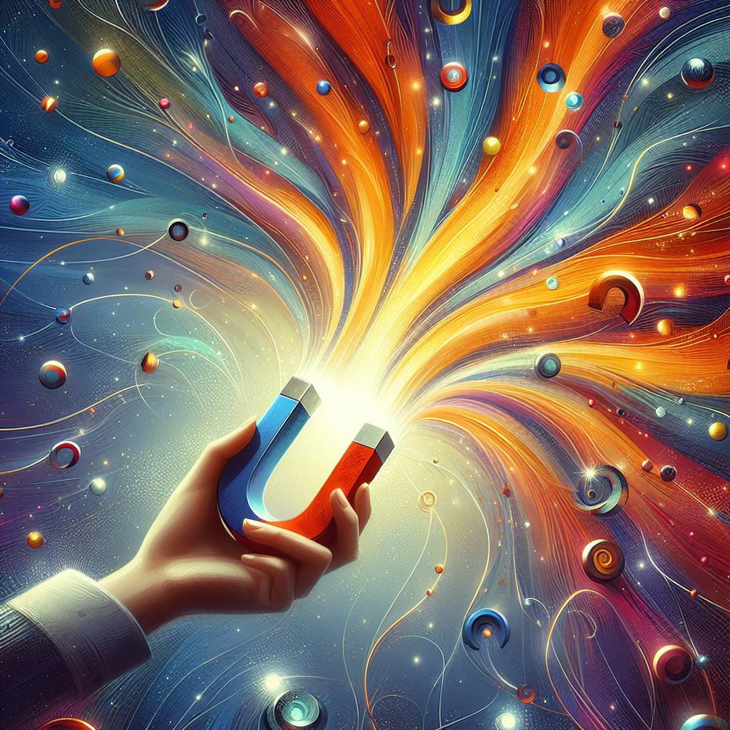 Une main tend un aimant dans l'univers et attire à lui facilement tout type de chose.Certains croient à tort qu'il suffirait de sortir son bâton magique pour que la Loi de l'Attraction s'applique. Image@AI
