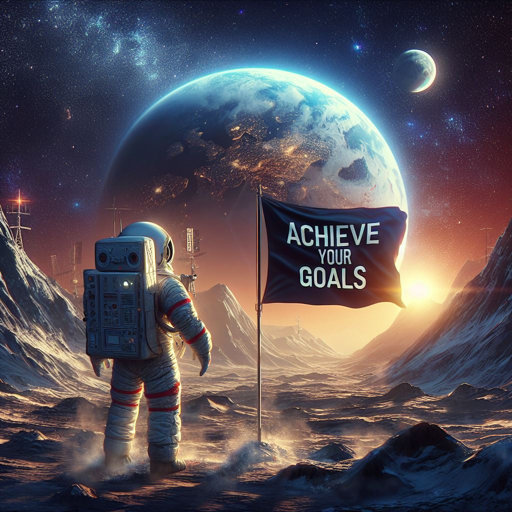 Un cosmonaute est sur mars regarde la terre et la lune au loin. Un drap avec marqué dessus Achieve your dreams apparaît à droite de lui