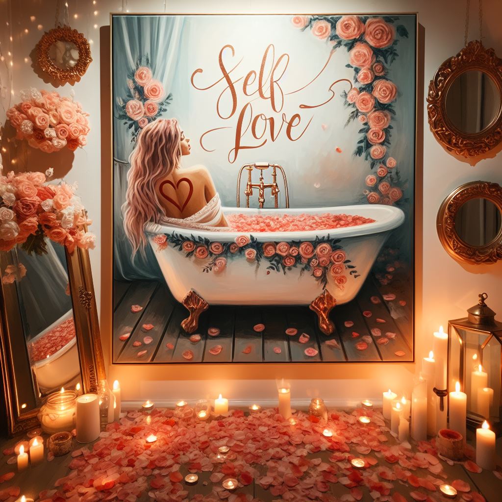 L'image représente un tableau au mur avec une femme dans une baignoire. Un coeur rouge est dessiné sur son dos et le message Self Love apparait sur le dessin. 