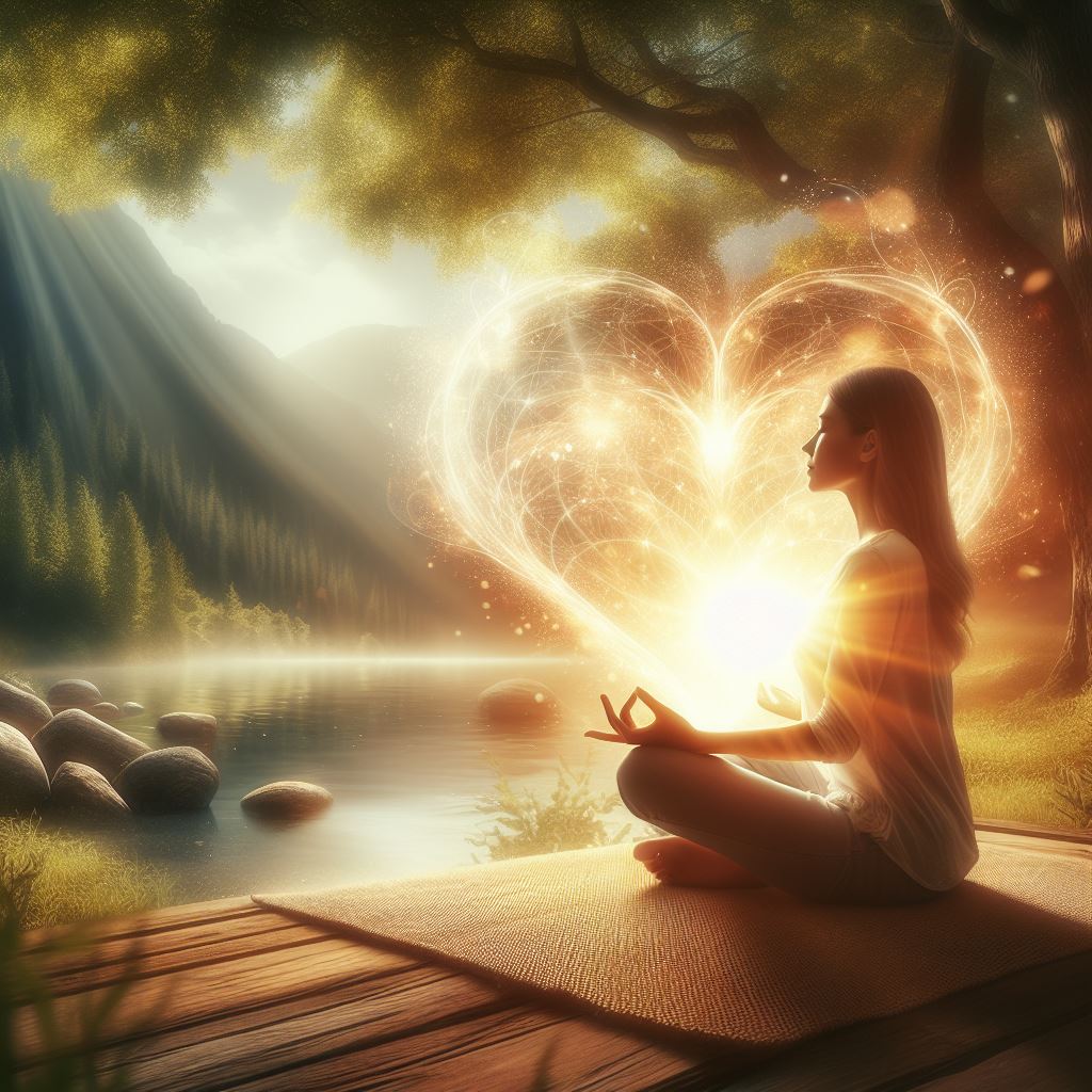 L'image représente une femme en train de méditer en pleine conscience. Elle a les yeux fermés et au loin on voit un coeur de lumière se dessiner dans le paysage.